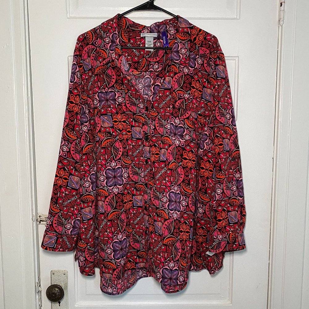 Catherines Top Womens Plus 3XWP Petite Colorfu Printed Button Up Roll Tab Sleeve